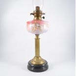 Victorian oil lamp, with pink floral bowl, chimney.