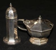 A silver octagonal mustard pot and a similar pepper pot.