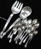 A pair of Mexican silver salad servers and seventeen assorted silver tea and coffee spoons.