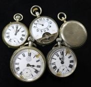 A HebdoMas pocket watch, three other pocket watches and a compass.