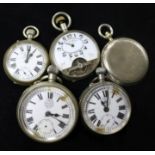 A HebdoMas pocket watch, three other pocket watches and a compass.