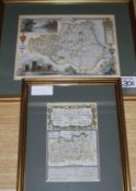 A coloured engraving map of London to Chichester and a coloured steel engraved map of Durham, 18 x