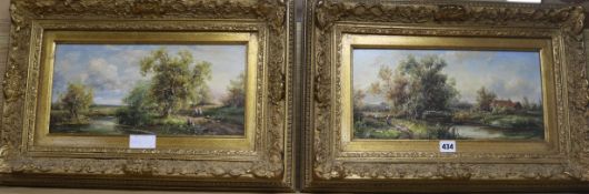 A pair of oils on board of figures in landscapes, signed M. Beale, 19 x 39cm