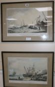 A pair of de Loutherbourg coloured etchings of fishermen at Worthing and Brighton, 28 x 41cm