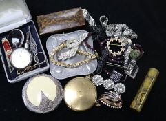 A pocket watch, bar brooches, compact & costume jewellery.