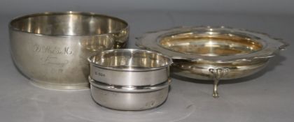 A silver bowl with shaped rim, a silver sugar bowl, inscribed and another small silver bowl
