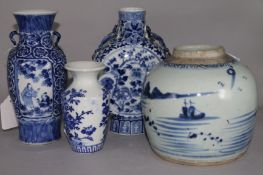 A 19C Chinese blue and white ginger jar (a.f), a moon flask and two baluster vases (one with four-