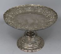 A Victorian embossed silver tazza by Frederick Elkington, London 1867, dia. 7.25in, 14.5 oz.