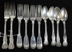 Two pairs of Scottish silver shell pattern table forks, four King's pattern dessert spoons and two