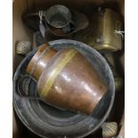 A collection of Turkish copper and brassware, inc a betel nut box, large cooking pot, jugs, coffee