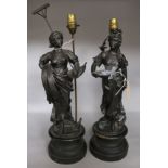 A pair of French spelter figures of ladies (converted to electricity, one a.f)