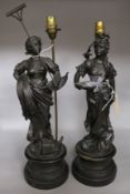 A pair of French spelter figures of ladies (converted to electricity, one a.f)