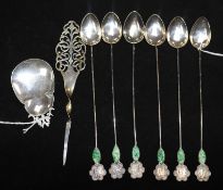 Six Chinese silver sundae spoons set with jade plaques, Lee Yee Hing, a Mappin & Webb silver caddy