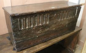 A 17th century oak six plank coffer, W.92cm