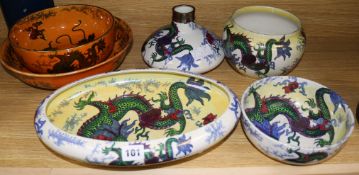 Six Bursley 'Dragon' lustre bowls & pots, designed by Frederick Rhead