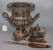 A 19th century plated campana urn-shaped wine cooler, a plated tea caddy and a pair of fish