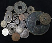 A collection of Chinese and Japanese bronze coins, an 1896 crown (a.f.), sundry coinage etc.