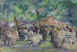 B.S Pedder, watercolour of figures in a garden cafe, 26.5 x 39cm