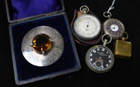 Silver half-hunter pocket watch, military open face watch (a.f), Saxby barometer, plated cairngorm