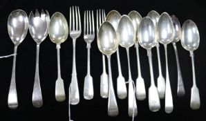 A pair of silver salad servers and a quantity of fiddle and Old English pattern silver flatware,