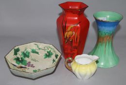 Two Shelley vases, an octagonal dish and a jug