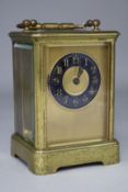A French brass cased eight day carriage timepiece, 4.75in.