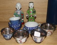 Two Chinese pottery figures and a small collection of tea wares (faults, some with plated mounts and