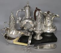 A small silver, inc a pair of peppers, card case, wishbone tongs, cheroot case and a quantity of