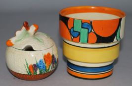 A Clarice Cliff Bizarre vase and crocus pattern jam pot