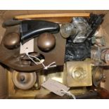 Austrian bronzed desk stand, a brass desk stand and ink bottles, a dough cutter, horn flask, metal