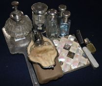 Silver-mounted glass atomiser, 5 similar scent bottles, a hand mirror, a ladies' hip flask with
