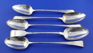 Four Georgian silver Old English pattern basting spoons and one fiddle pattern basting spoon,