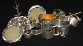 16 silver napkin rings, various, including two pairs, a ring tree, a pair of small photograph frames