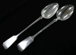 Two Victorian silver fiddle pattern basting spoons, London, 1842 & 1870, 12in, 8.5 oz.