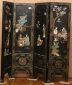 A Chinese black lacquered and hardstone four fold miniature screen, each panel W.26 x H.91cm