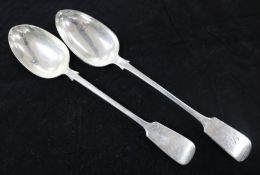 Two Victorian silver fiddle pattern basting spoons including Exeter, 1856 & London, 1885, 12.25in et
