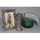 An Art Nouveau frame, vase & glass vase