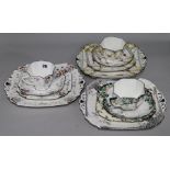 Three Shelley Queen Anne shape teacups, saucers, plates and cake plates