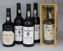 Five bottles of Port; Warres Vintage 1975, 1980 & 1983, one Ferreira, 1982 & one Silva Porto 1995.