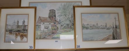 John Lynch3 watercoloursTower Mill at Mark Cross, Kent; Towards Canon Street, London and Sweep of