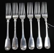 A set of six George III silver fiddle pattern table forks, London 1782, maker 'TB'