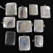 Nine silver vesta cases and a plated example