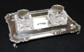 A George V silver rectangular inkstand, 8.75in.
