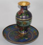 A Chinese plique a jour enamel dish a similar vase