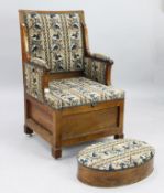 A 19th century French walnut commode chair, with an oval footstool, upholstered ensuite W.2ft 1in.