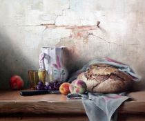 § Robert Chailloux (French 1913-2006)oil on canvasStill life of bread, fruit and a jug on a