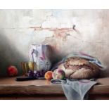 § Robert Chailloux (French 1913-2006)oil on canvasStill life of bread, fruit and a jug on a