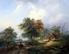 Johannes Petrus van Velzen (1816-1853)oil on wooden panelFigures and cottage in a river
