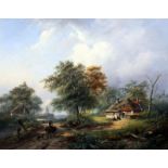 Johannes Petrus van Velzen (1816-1853)oil on wooden panelFigures and cottage in a river