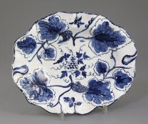 A Bow fruiting vine moulded blue and white oval dish, c.1765-70, unmarked, 26cm